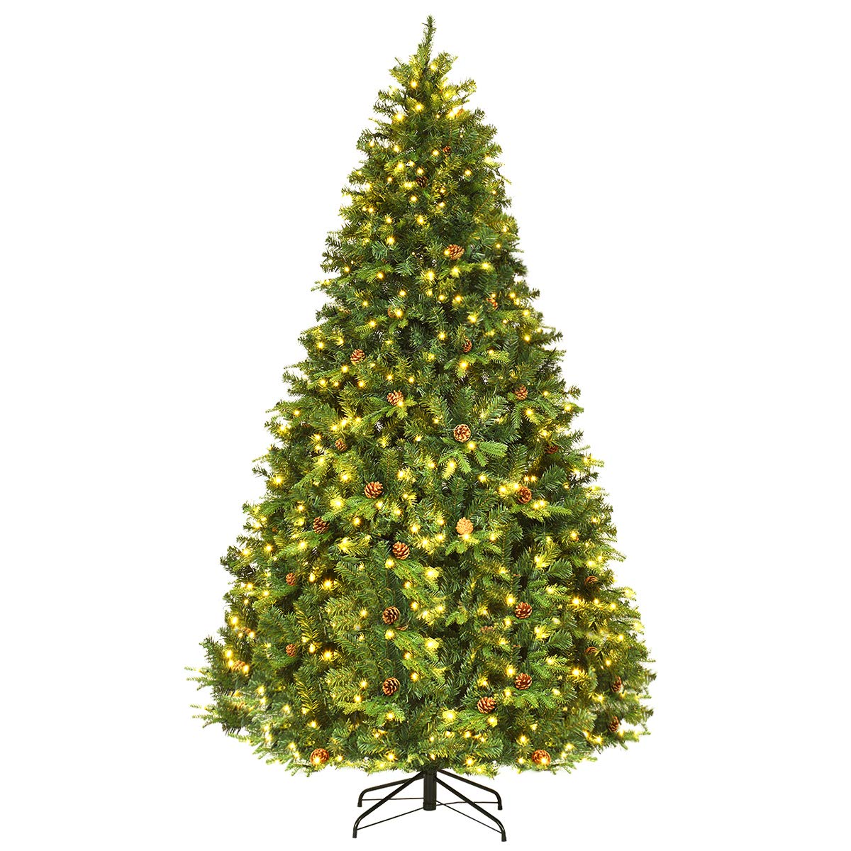 Goplus 8ft Pre-Lit Artificial Christmas Tree, Premium Spruce Hinged Tree 600 LED Lights and Pine Cones, Xmas Tree for Holiday Indoor Décor Goplus
