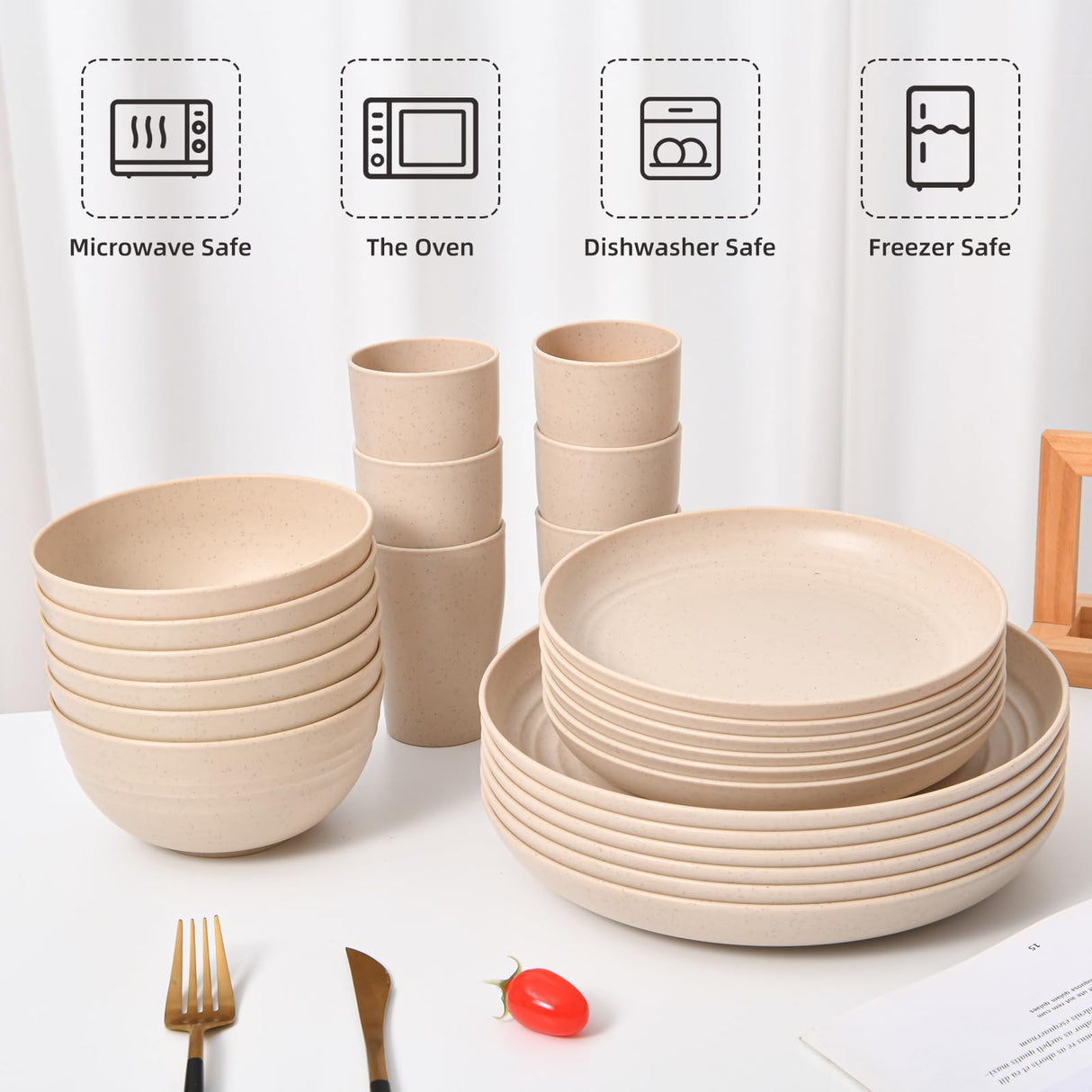 24 - Piece Wheat Straw Dinnerware Set - Plates and Bowls for 6, Unbreakable, Dishwasher & Microwave Safe, Reusable, Lightweight Tableware, Ideal for Camping and Everyday Use (Beige) JZ