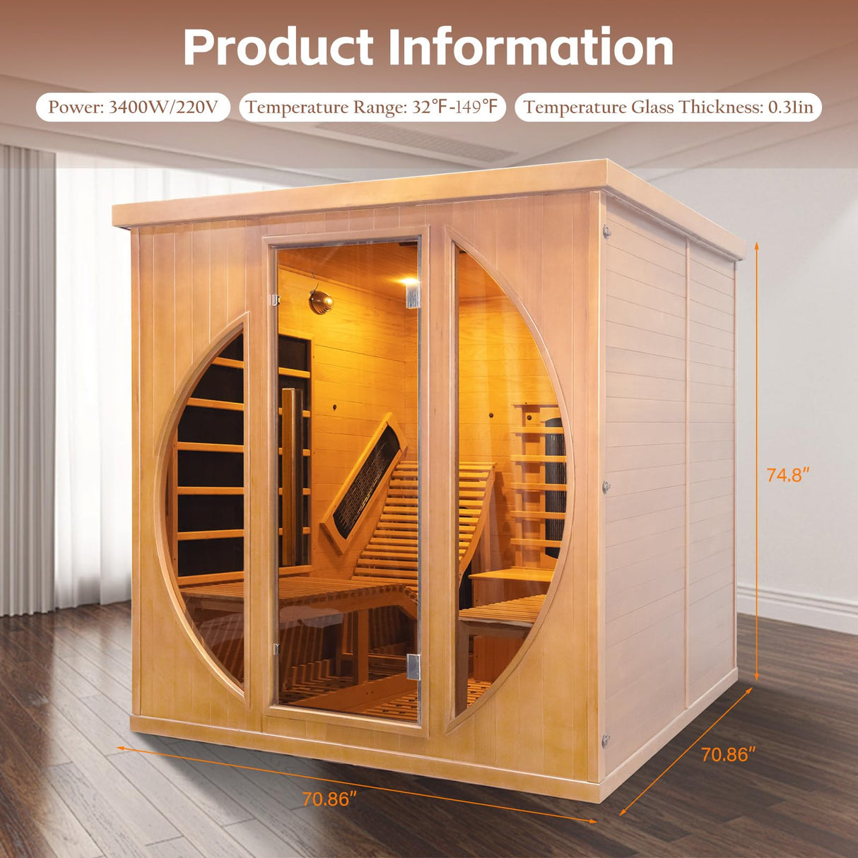 TaTalife Infrared 2 Person Wooden Sauna Room, Luxurious Sauna with Recliner, 3400W Dry Heat Sauna for Home, 9 Heating Panels, Bluetooth Speaker, 7Color Lights, Oxygen Bar, 220V(Canadian Hemlock) TaTalife
