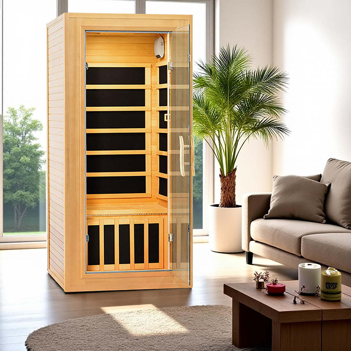 Far Infrared Sauna for Home 1 Person Hemlock Wood Dry Sauna Low EMF Heaters Panels Spa Indoor Sauna with Intelligent Control Panel 1180W, 31.5 * 31.5 * 67in Generic