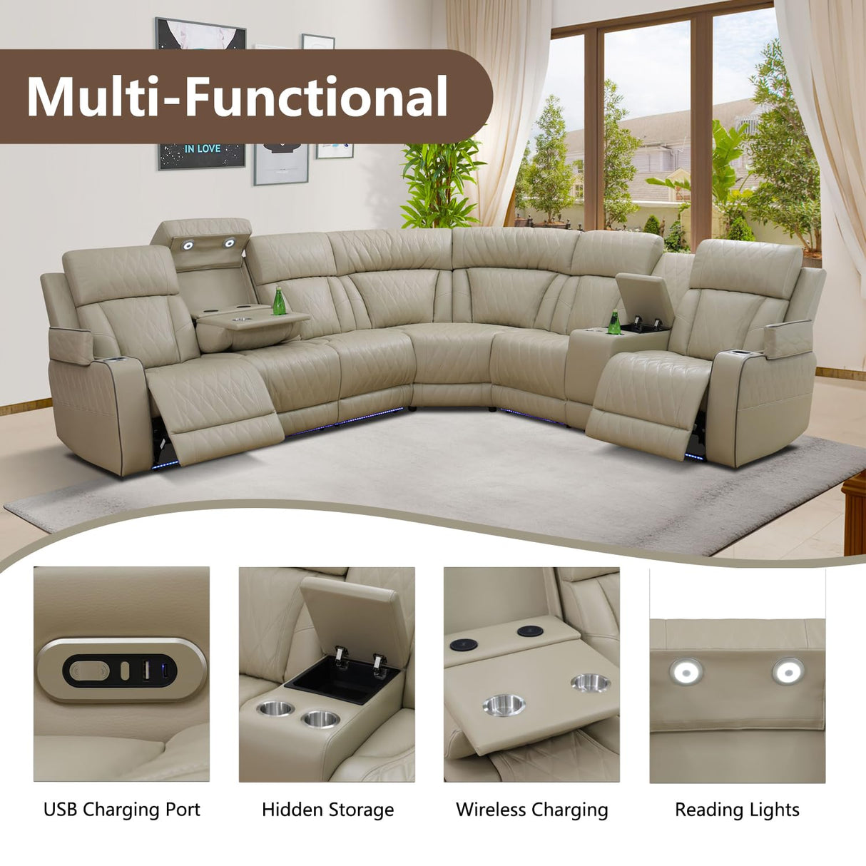 Power Leather Reclining Sofa with LED, Recliner Sectional Couch for Living Room, Reclining Couches with Reading lamp/Wireless Charging/Hide-Away Storage (Beige, Sectional) Pon Living Furniture Inc