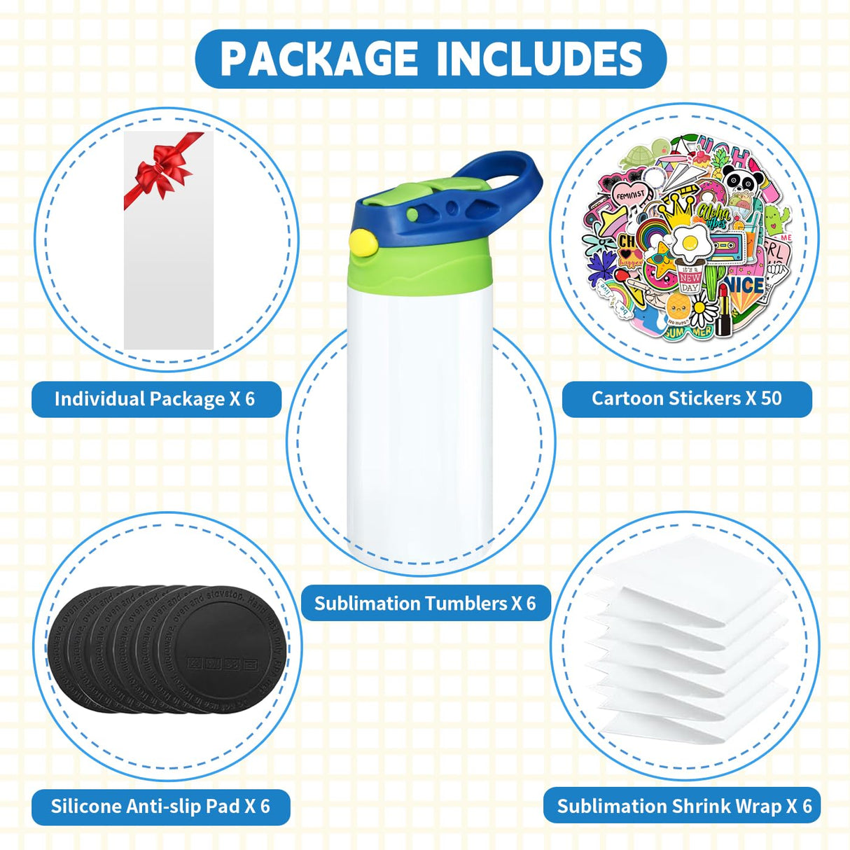 Gekestory Kids Sublimation Tumblers, Sublimation Sippy Cup Blank, 6 PACK 12oz Sublimation Water Bottle Blanks for DIY Crafting Gift (6) Gekestory