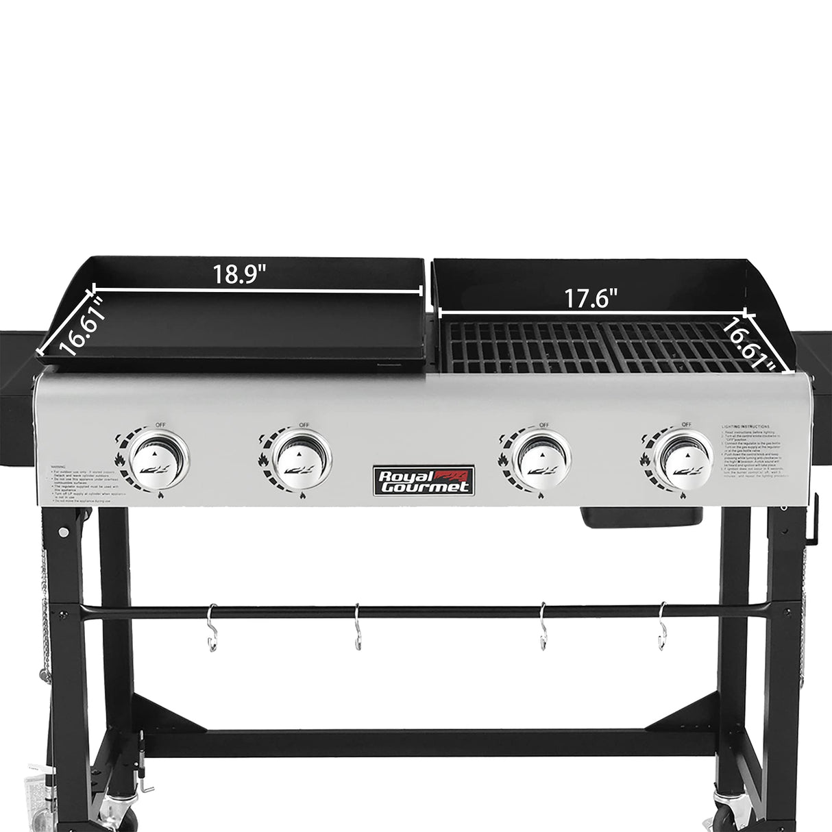 Royal Gourmet GD401 Portable Propane Gas Grill and Griddle Combo with Side Table | 4-Burner, Folding Legs,Versatile, Outdoor | Black 66 Inch Royal Gourmet