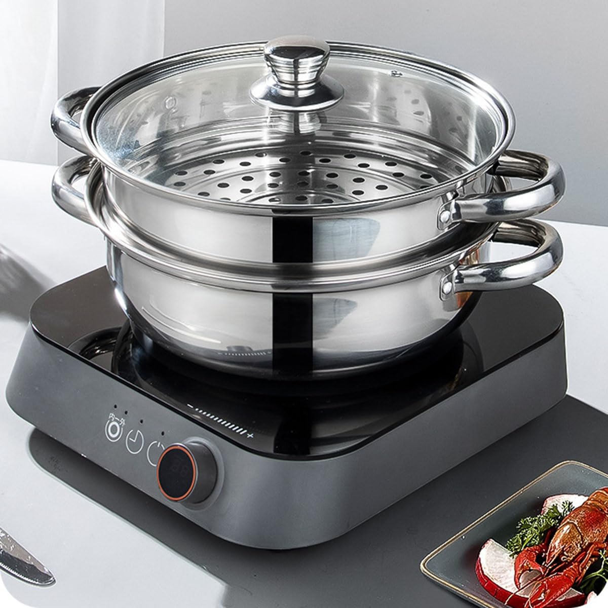 Steamer Pot for Cooking 11-inch Steam Pots with Lid, Multipurpose Steam Pot Stainless Steel Steaming Pot Cookware with Handle for Vegetable, Stews, Pasta, Dumpling, Sauce, Food (3 Tier) KDLCY