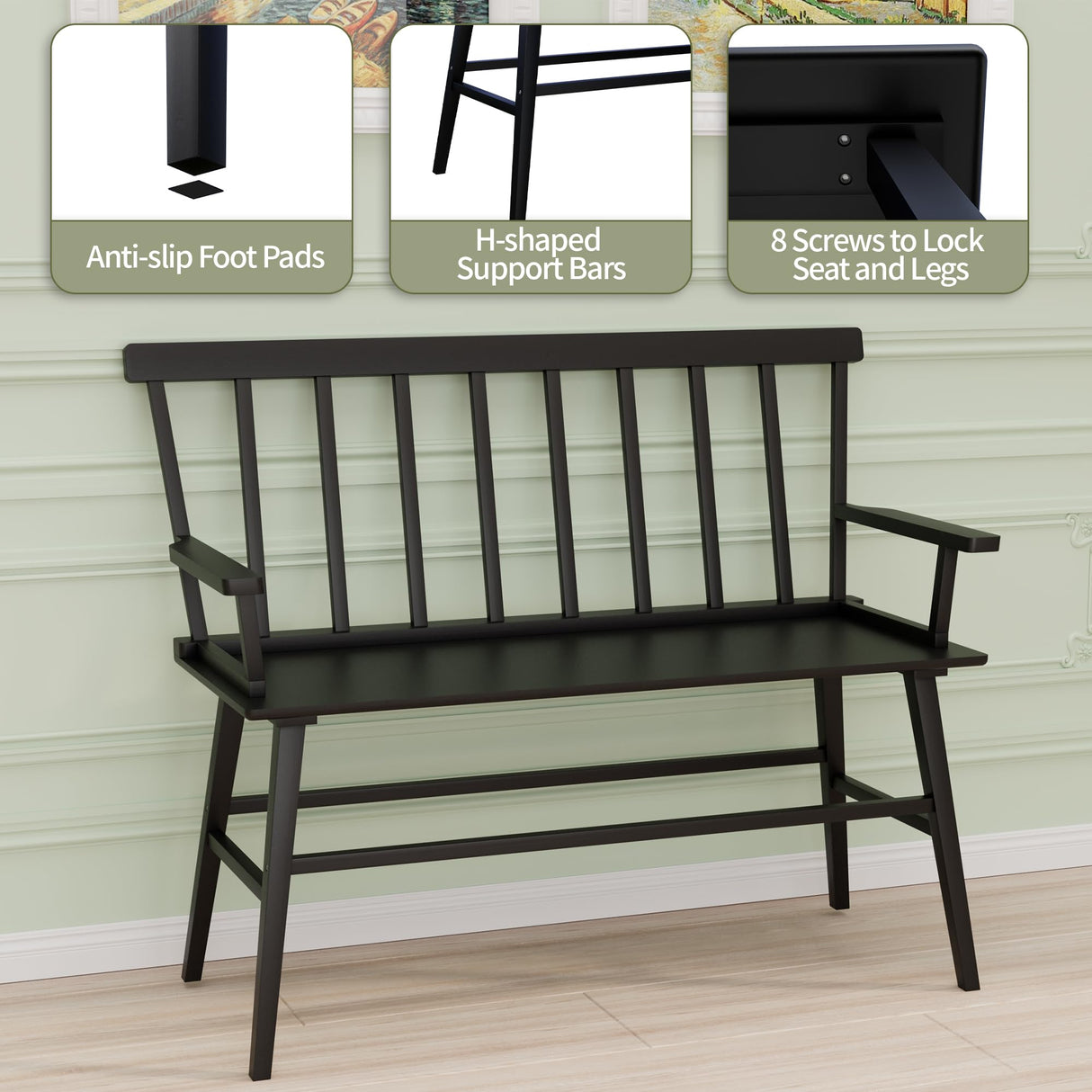 APRTAT Bamboo Entryway Bench, Farmhouse Dining Bench with Spindle Back & Armrest 3 Person Indoor Bench Chair Wood Windsor Bench Durable Easy Assembly for Foyer Balcony Hallway Living Room (Black) APRTAT