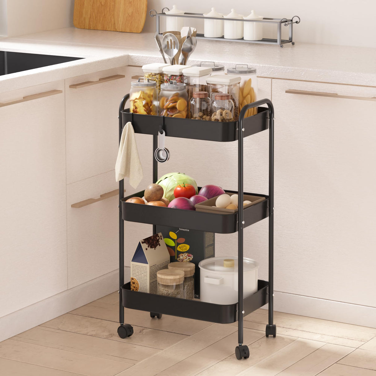 Vtopmart 3 Tier Metal Rolling Cart with Wheels, Utility Storage Cart with Handle and Lockable Casters, Storage Basket Organizer Shelves, Easy Assemble for Kitchen, Living Room, Office, Nursery, Black Vtopmart