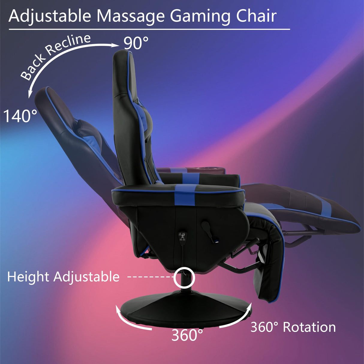 IBXFO Massage Gaming Chair for Adults, Heavy Duty Reclining Office Chair with Footrest, Adjustable Backrest and Cup Holder, Black Blue IBXFO