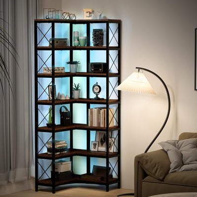 SOLIDEE 7 Tier Corner Bookshelf with LED Lights, 78.7” High Corner Shelf Storage Display Shelf for Living Room, Study Room, Metal Frame Extra Large Capacity, Flamed Color