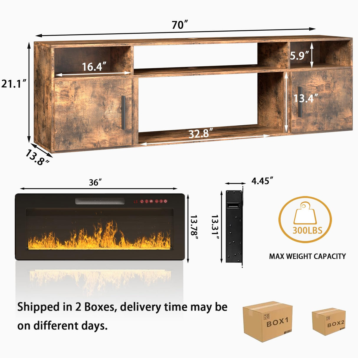 VENDORZ Floating TV Stand with Fireplace, 70" Floating Entertainment Center with 36" Fireplace, Wall Mounted Electric Fireplace TV Stand for Living Room Media Console with Storage Up to 80" TVs, Brown VENDORZ