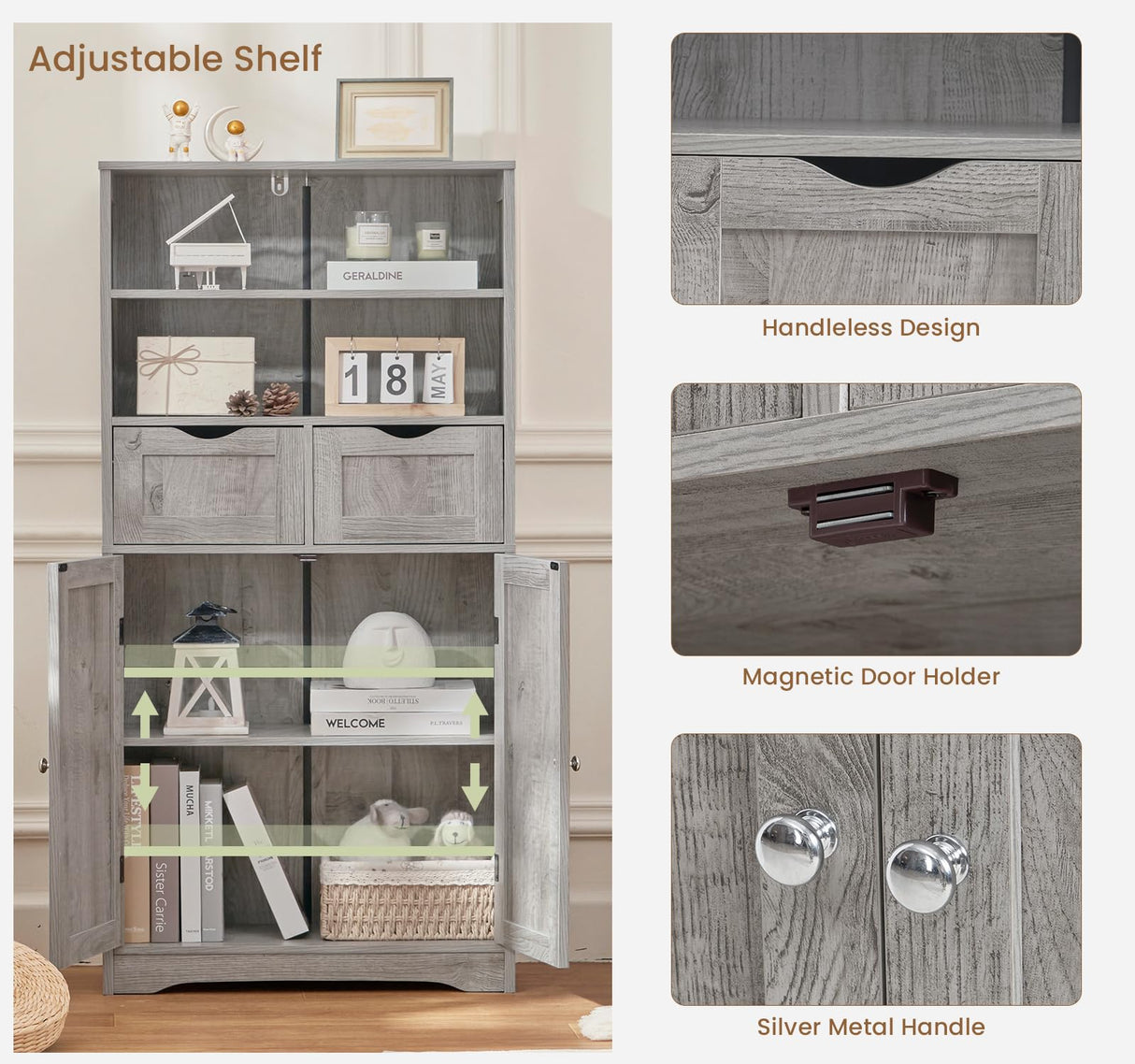 Iwell Tall Storage Cabinet with 2 Drawers & Adjustable Shelves, Bathroom Cabinet with Doors, Cupboard, Floor Cabinet for Living Room, Dining Room, Entryway, Grey Iwell