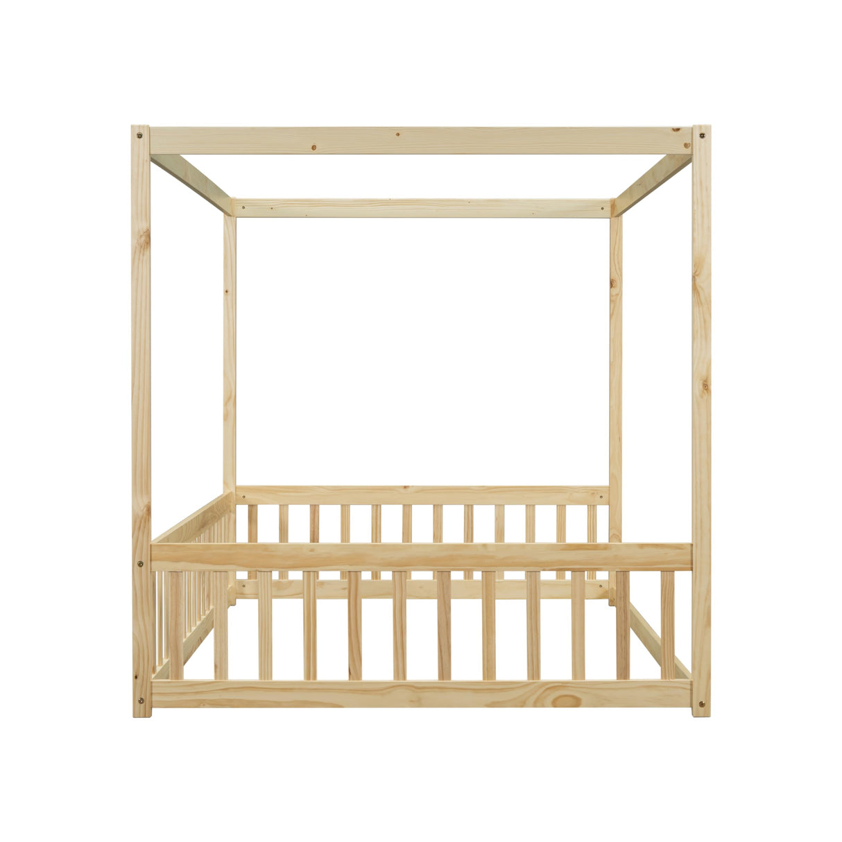 Full-Size Natural Canopy Bed Frame with Guardrails for Kids – Montessori Floor Bed Design Bellemave