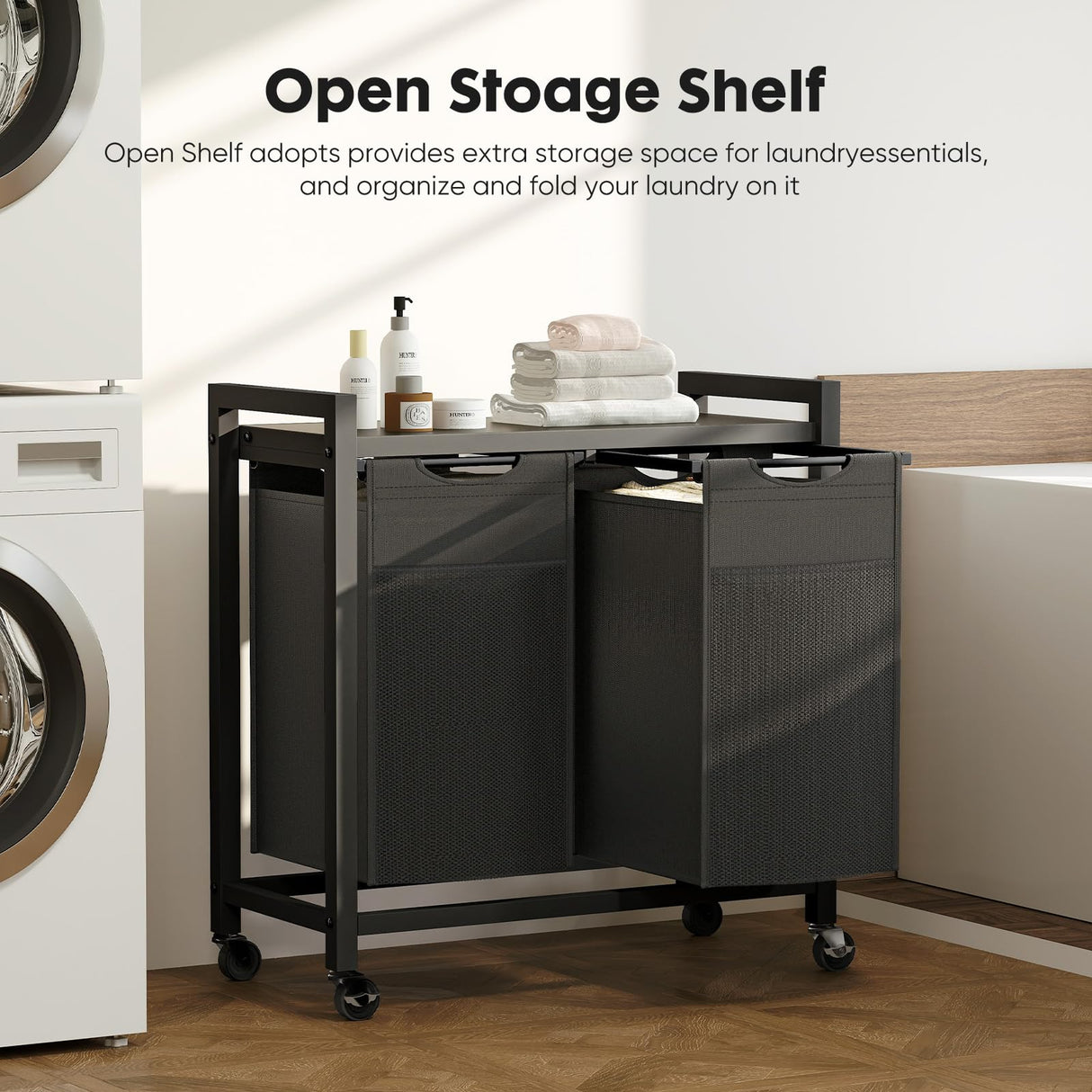 Sweetcrispy Laundry Hamper with 2 Pull-Out Removable Sorter Bags 2 × 13.1Gal (99L) Capacity, Movable Wheels, Freestanding Clothes Basket Organizer in Bathroom, Rustic Brown and Black Sweetcrispy