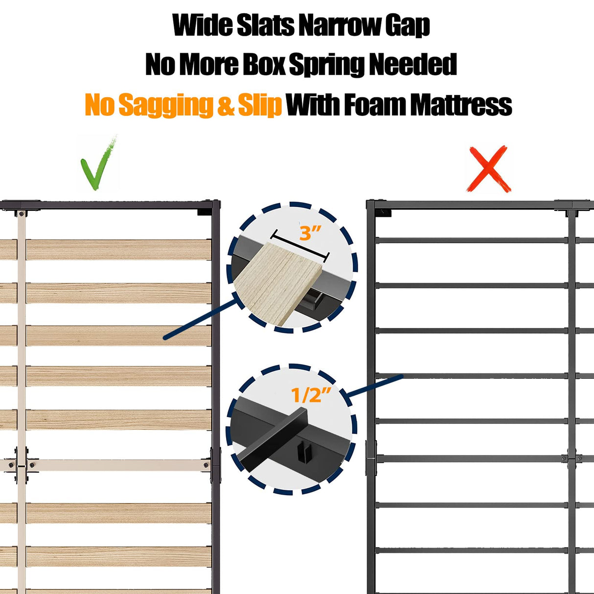 ZIYOO Full Size Bed Frame 14 Inches High 3 Inches Wide Wood Slats with 3500 Pounds Support for Foam Mattress, No Box Spring Needed, Underbed Storage Space,Easy Assembly, Noise Free ZIYOO