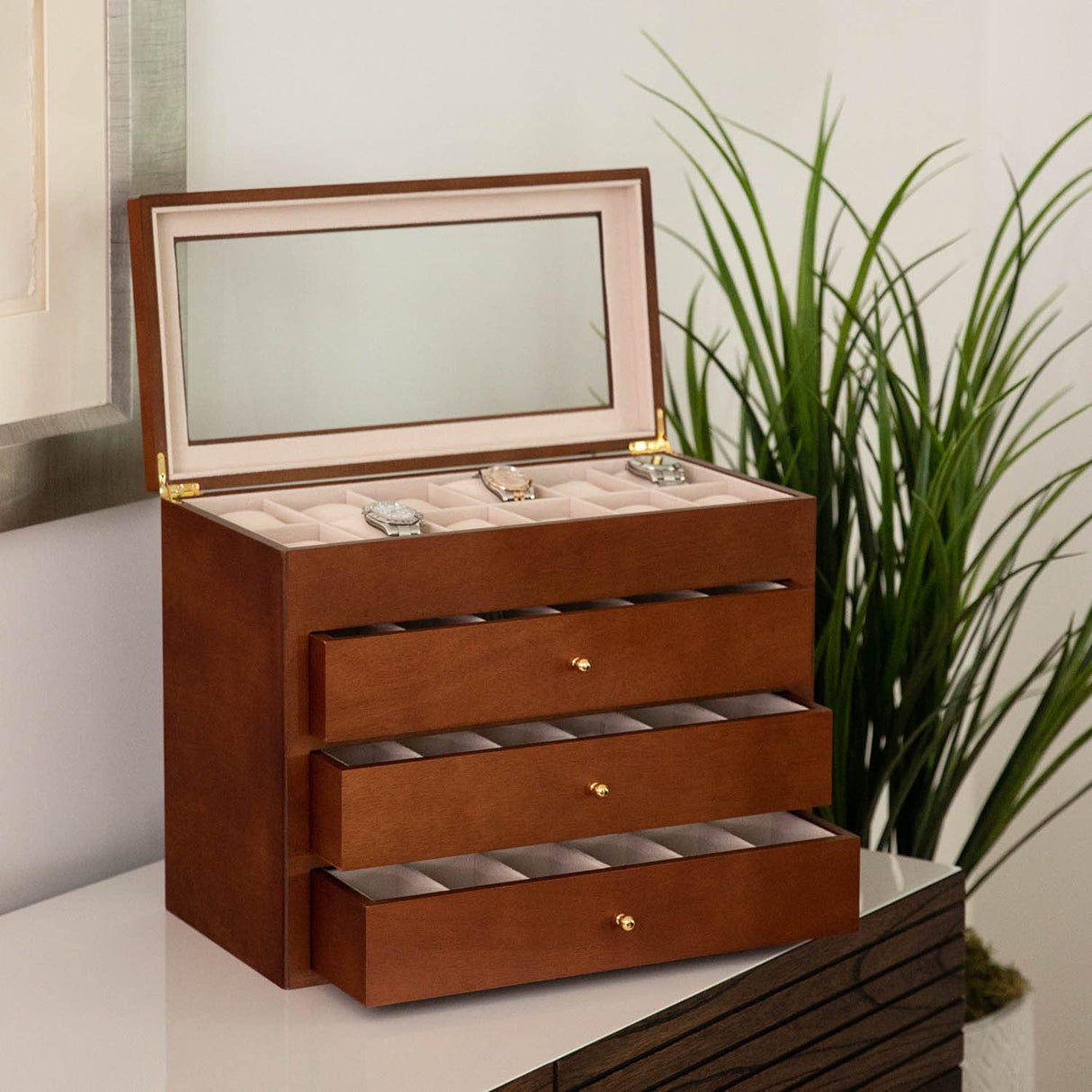 Bey-Berk Custom Personalized Solid Wood Watch Box Organizer with Glass Display Top (48 Watches) Bey-Berk