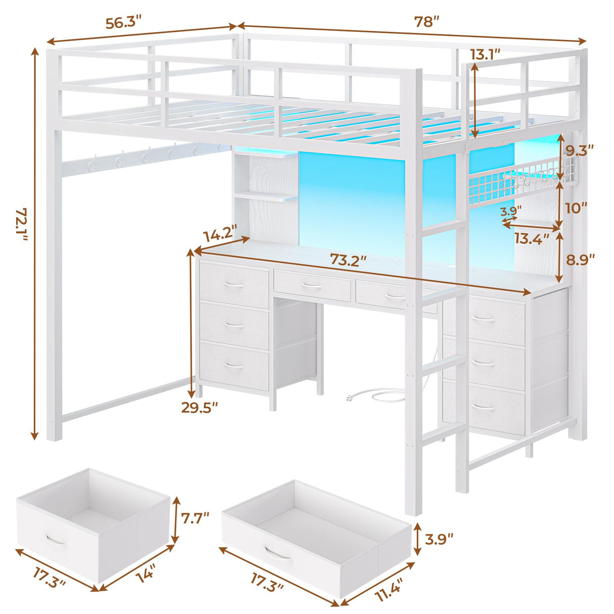 BTHFST Loft Bed with Desk, Full Metal Loft Bed with 8 Drawers Storage & Charging Station & LED Lights, 4 Open Storage Shelves, Noise-Free, Space-Saving, No Box Spring Needed BTHFST