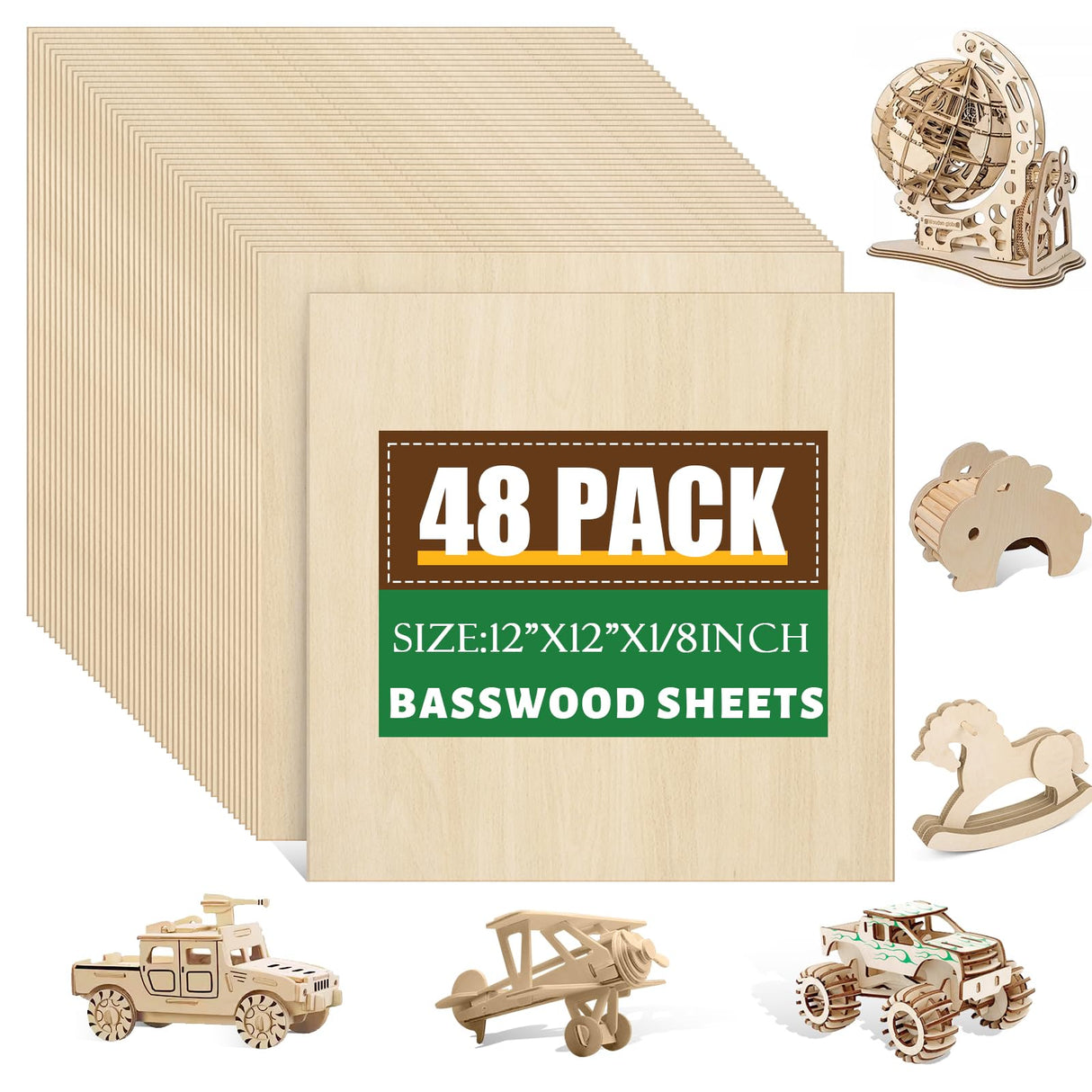 48 Pack Basswood Sheets 1/8x12x12 Inch, Unfinished Wood for Crafts, 3mm Basswood for Laser Cutting & Engraving, Wood Burining,Architectural Models, Wood Board for Painting. ESRICH