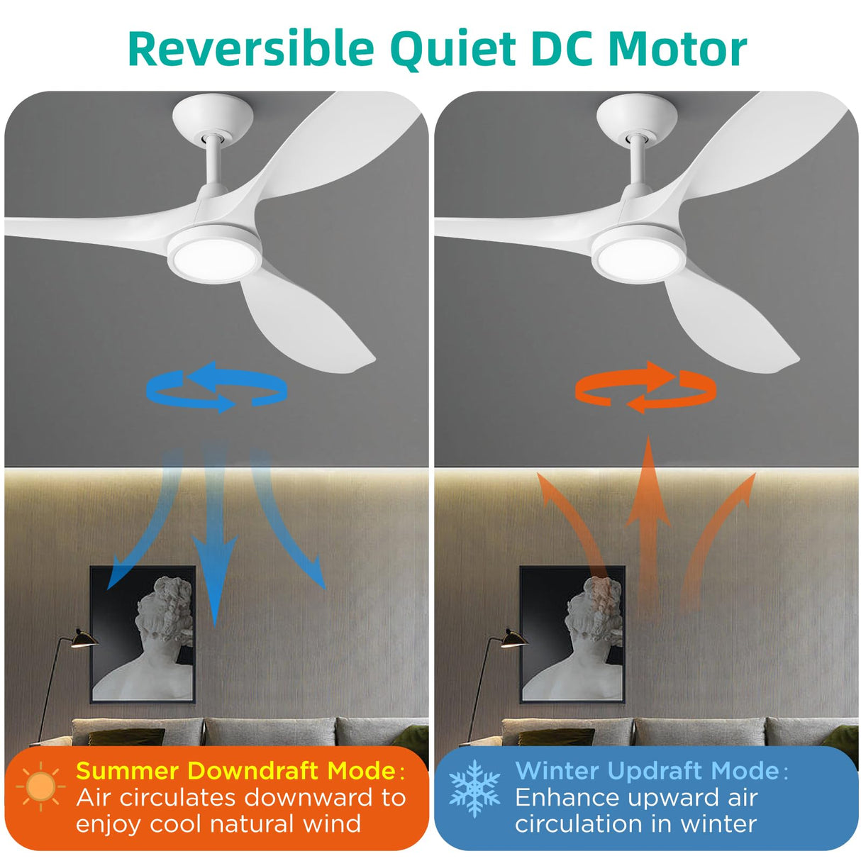 Roomratv Ceiling Fans with Lights,Large Airflow 52inch Modern Ceiling Fan with Quite Reversible DC Motor 3 Color Temperature LED Light (White) Roomratv