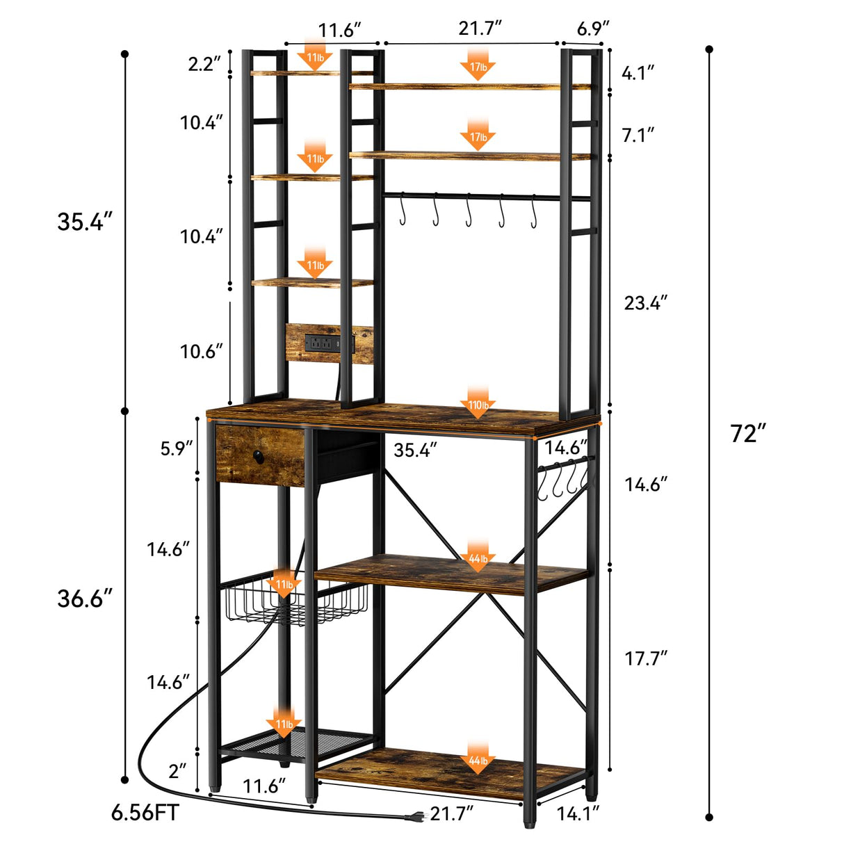 Artswish 72" Bakers Rack with Power Outlet, 8-Tier Freestanding Baker Racks Microwave Stand with Drawer, Coffee Bar Station with Basket and 10 S Hooks, Kitchen Appliance Shelves Rack, Rustic Brown Artswish