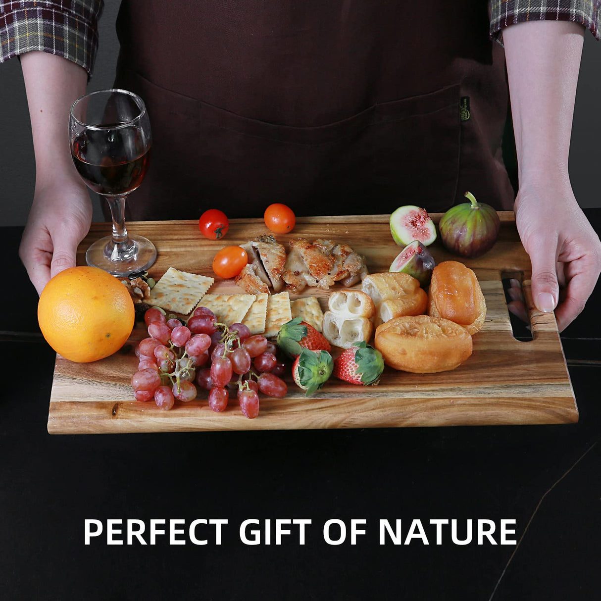 YSTKC Acacia Wood Cutting Board with Hand Grip 15" x 9.7" Inch, Wooden Reversible Chopping Board with Handle for Kitchen Meal Prep Serving, Chopping, YSTKC