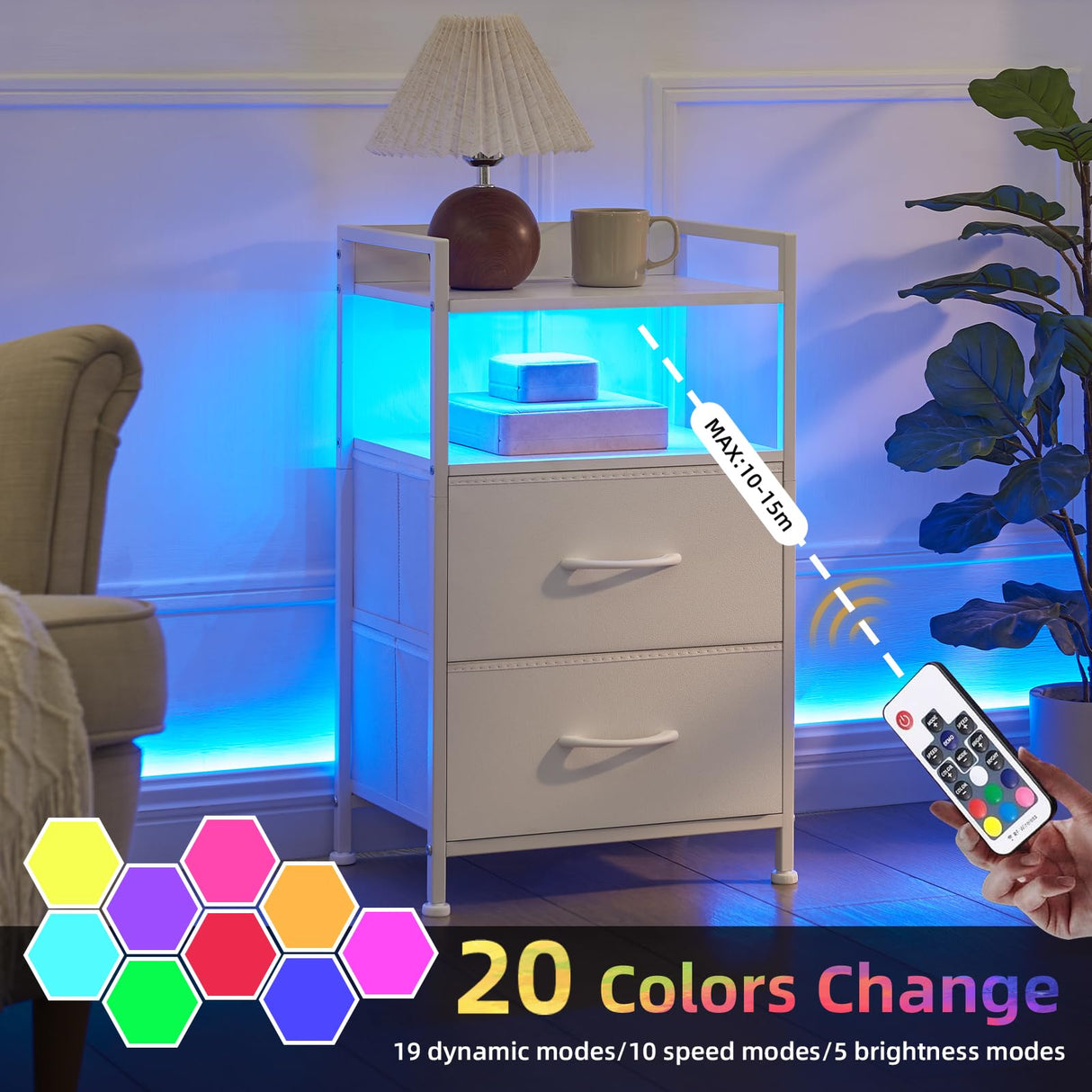 Somdot White Nightstand with Charging Station and LED Light for Bedroom, 2 Drawers Dresser with Fabric Bins for Bedside Kids Dorm Room Closet Laundry Entryway, White Leather Somdot