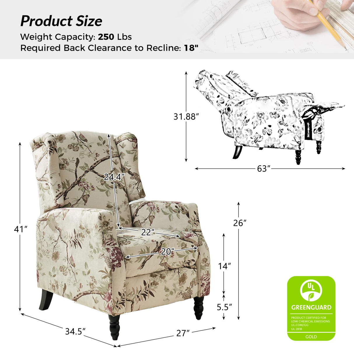 Tina's Home Wingback Recliner Chair, Traditional Push Back Recliner Sofa, Mid Century Modern Lounge Armchair for Living Room, Home Theater Accent Chairs Upholstered Recliners Couches,Bird TINA'S HOME