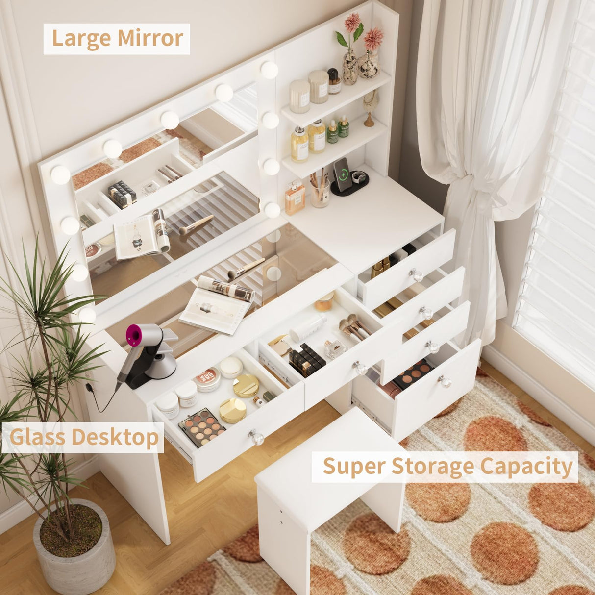 VOWNER Vanity with Lights - 47" Makeup Vanity Desk with Glass Top, 6 Drawers, 3 Storage Shelves and Outlet, 3 Color Lighting Modes with Adjustable Brightness, Makeup Desk with Stool for Bedroom, White VOWNER