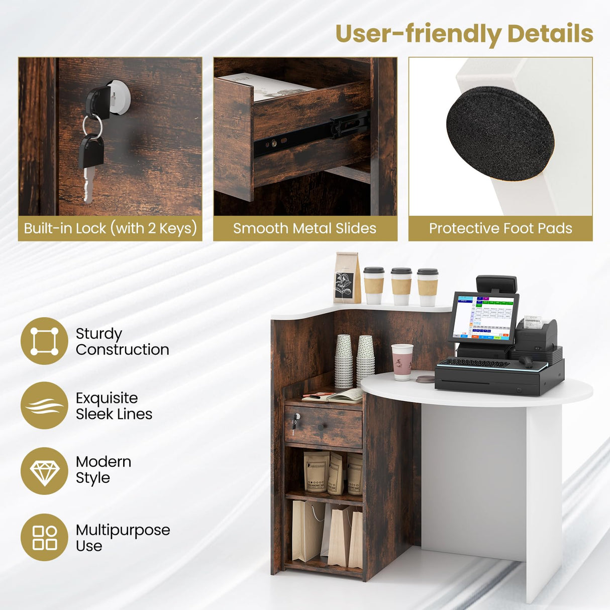 Giantex Reception Desk, Front Counter Desk with Lockable Drawer, Checkout Table with Round Tabletop, Corner Shelf & Adjustable Shelf for Office Beauty Salon Retail Store (Brown & White) Giantex