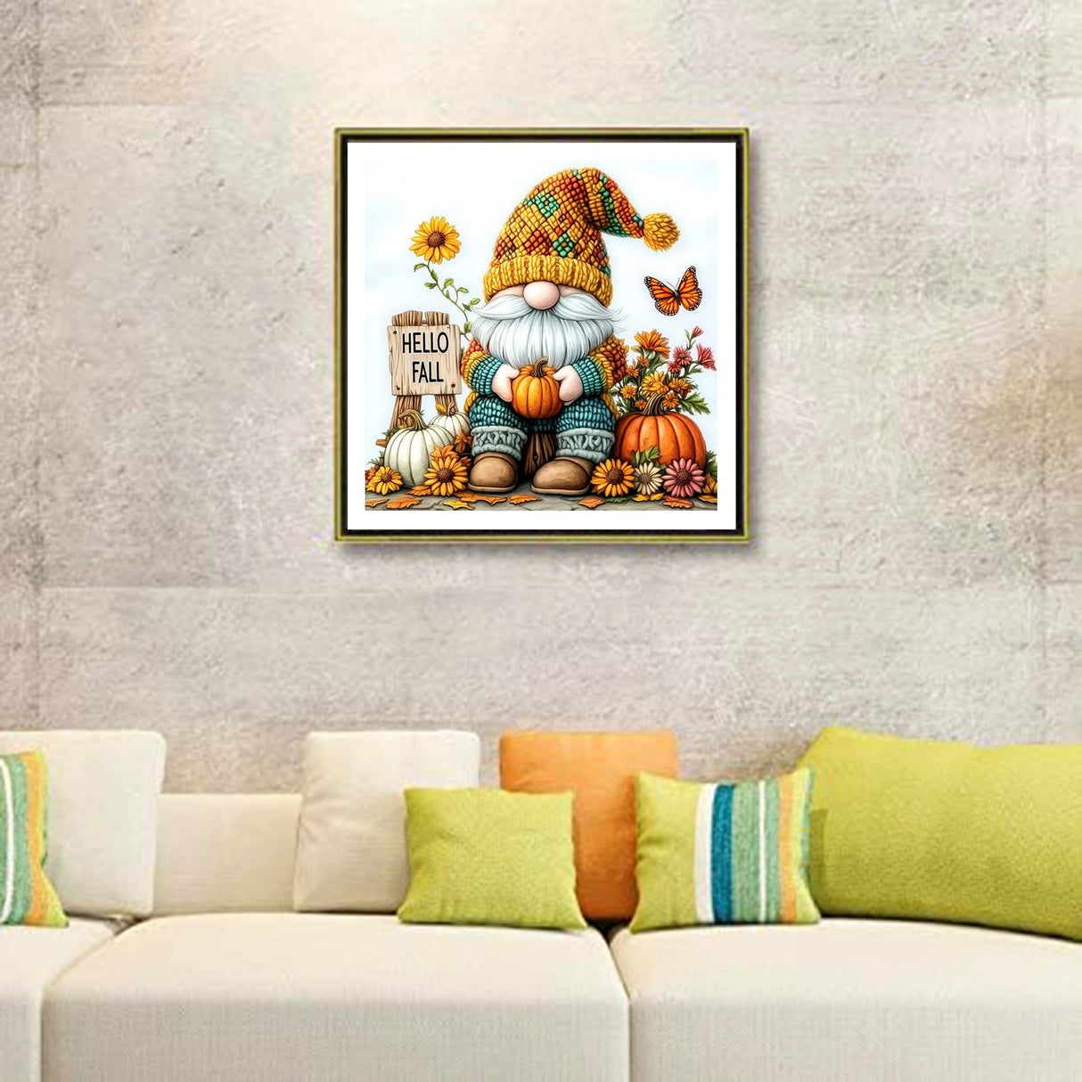 DIYDECORFUN Gnome Diamond Art Kits for Adults, Hello Fall Diamond Painting Kit for Beginners,DIY 5D Full Round Drills Autumn Pumpkin Diamond Dot Gem Art Crafts for Home Wall Decor 14x14IN DIYDECORFUN