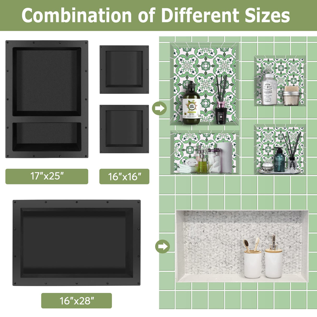Suteck Shower Niche, 25" x 17" 3.8" Outer Size, Actual Size 14" + 16.5"(Big Grid) 14"+ 6" (Small Grid) Tile Ready Recessed Shower Shelf Bathroom Niche Box for Organization Suteck