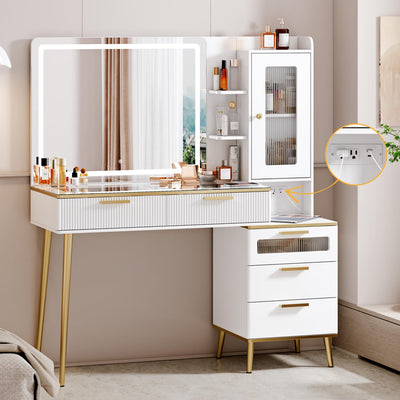 Arulvmrn Makeup Vanity Desk with Mirror and Lights, 48" Big Modern Vanity Desk with 5 Drawers & Shelves, Dressing Table with Charging Station, Glass Top Vanity Table for Bedroom,White