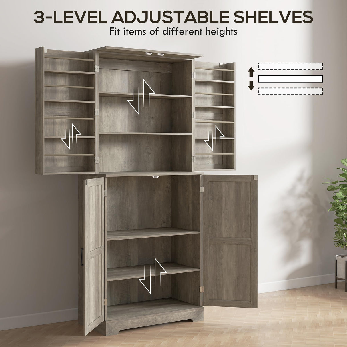 HOMCOM 72" Farmhouse Kitchen Pantry Cabinet, Freestanding Tall Storage Cabinet with 4 Barn Doors, 4 Adjustable Shelves and 8 Door Shelves, Gray Wash HOMCOM