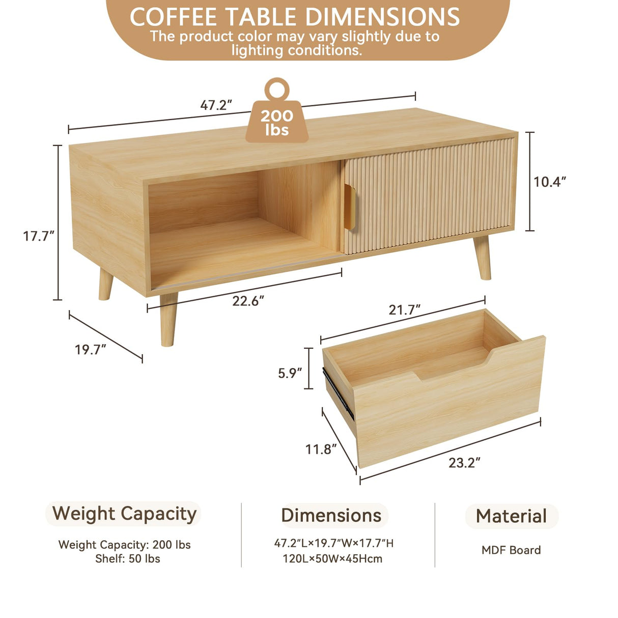 Buenhomino 47" Modern Coffee Table with Storage, Light Wood Accent Center Tables with Sliding Fluted Door Panel and Drawer, Boho Minimalist Console Table Suitable for Living Room, Apartment Natural Buenhomino
