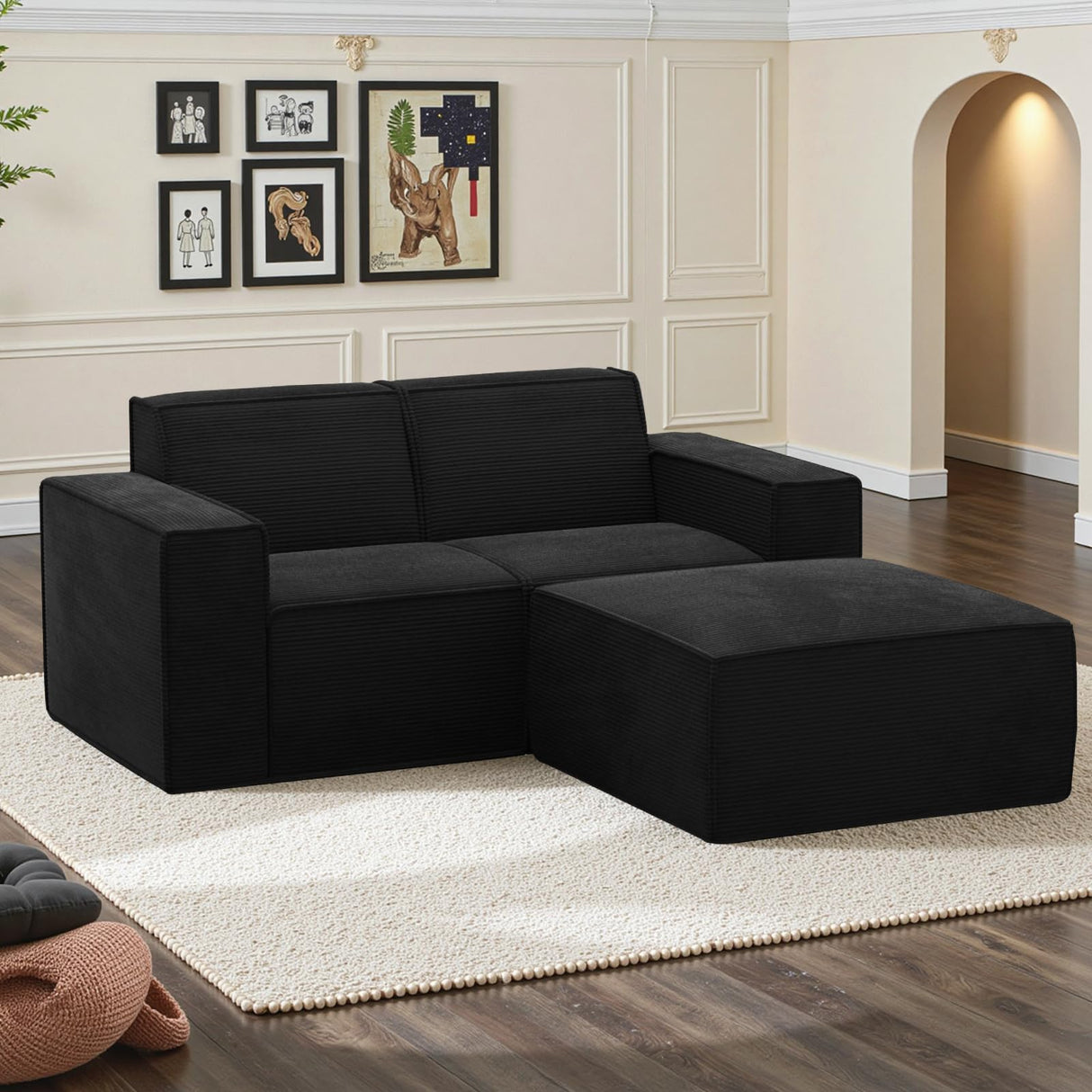Cozy Castle 71" Loveseat Sofa, L Shaped Comfy Corduroy Boneless Couch with Deep Seat and Ottoman Chaise Cloud Sofa Upholstered Couches for Living Room Bedroom No Assembly Required (Black) Cozy Castle