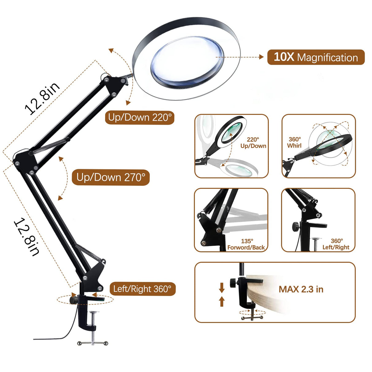 VUEJIC 10X Magnifying Glass with Light and Clamp, Magnifier with Light Hands Free3 Color Modes Stepless Dimmable, 72 LEDs Real Glass Lens Magnifying Lamp for Close Work, Repair, Reading, Craft VUEJIC