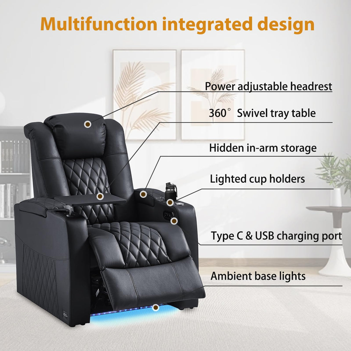 comfiroom Home Theater Seating Classic Series Top Grain Nappa Leather Loveseat Recliner Chair Dual Power Movie Theater Chairs Electric Headrest with Tray Table (Black, Row of 4 Loveseat Middle) comfiroom