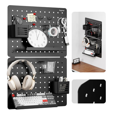 PEGZONE Pegboard Wall Organizer Combination Kit, Overall 25.4"x16.6" Metal Office Pegboard with 13 Accessories, Wall Mounted Peg board Display Panels for Home, Gaming Room, Garage (2Pcs, Medium,Black)