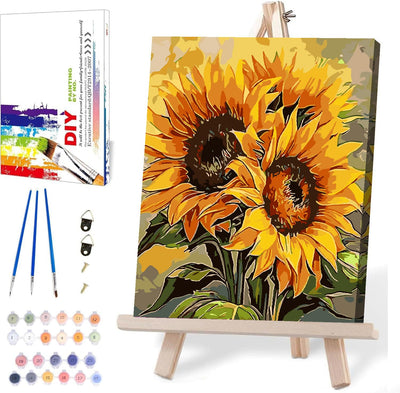 MIRCVSH Sunflower Paint by Numbers Kit for Adults Framed,Paint by Number for Adults,Adults' Paint-by-Number Kits on Canvas with Wooden Easel for Home Wall Decor 12X16 Inch