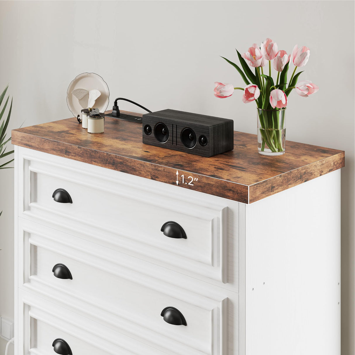 LIKIMIO 43" Tall 5 Drawers Dresser for Bedroom, Power Strip, Farmhouse Large Wood Dressers & Chest of Drawers with Wide Storage Cabinet, White LIKIMIO