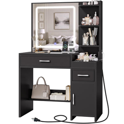 GREENSTELL Vanity Makeup Desk with Mirror and Lights, Makeup Table with Power Strip, 11 Storage Area, 3 Color Mode with Adjustable Brightness, 3 Desktop Compartments, Dressing Table, 32.6",Black