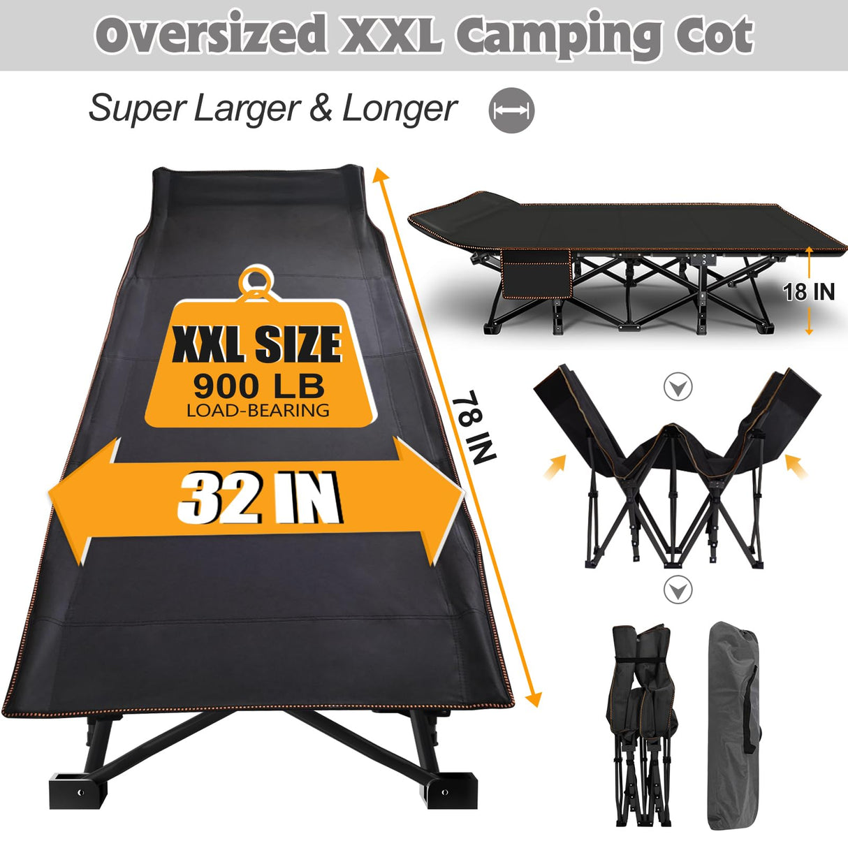 ABORON Oversized XXL Folding Camping Cot W/Mat for Adults, 78" L x 32" W x 18" H, Heavy Duty Outdoor Bed with Carry Bag,1200 D Layer Oxford Travel Camp Cots ABORON