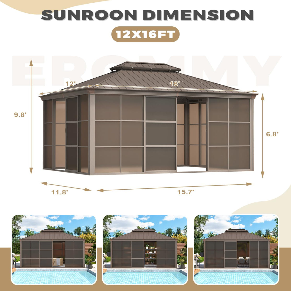 EROMMY 12' x 16' Sunroom, All-Season Gazebo Solarium with Galvanized Steel Roof, Aluminum Frame, Outdoor Permanent Sun Room with Sliding Door EROMMY