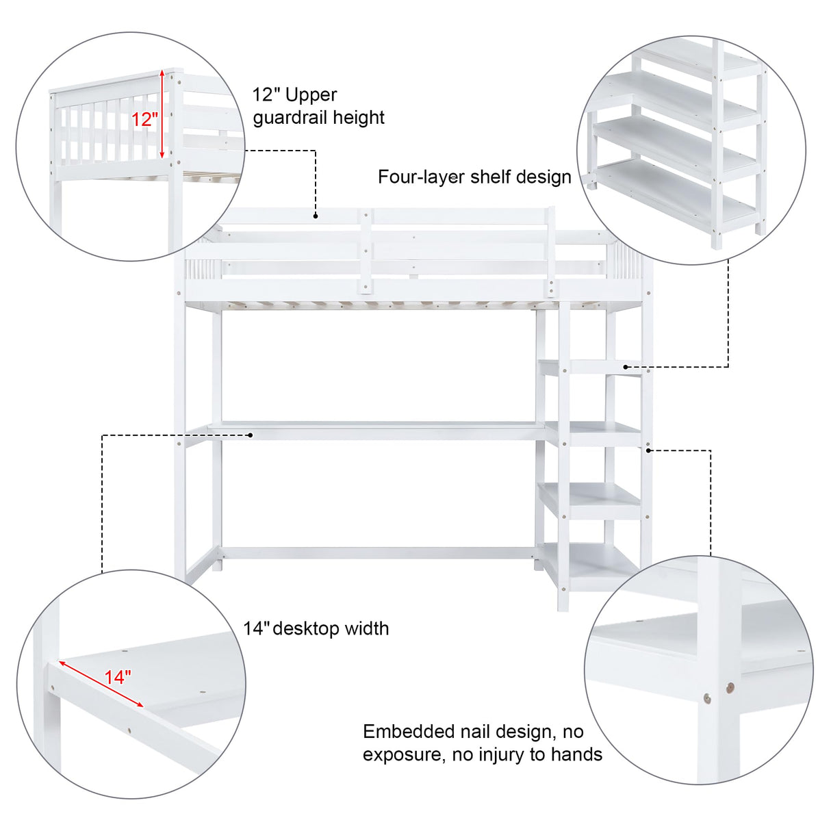 Merax Twin Size White Wood Loft Bed with Under-Bed Desk and 4 Storage Shelves Merax
