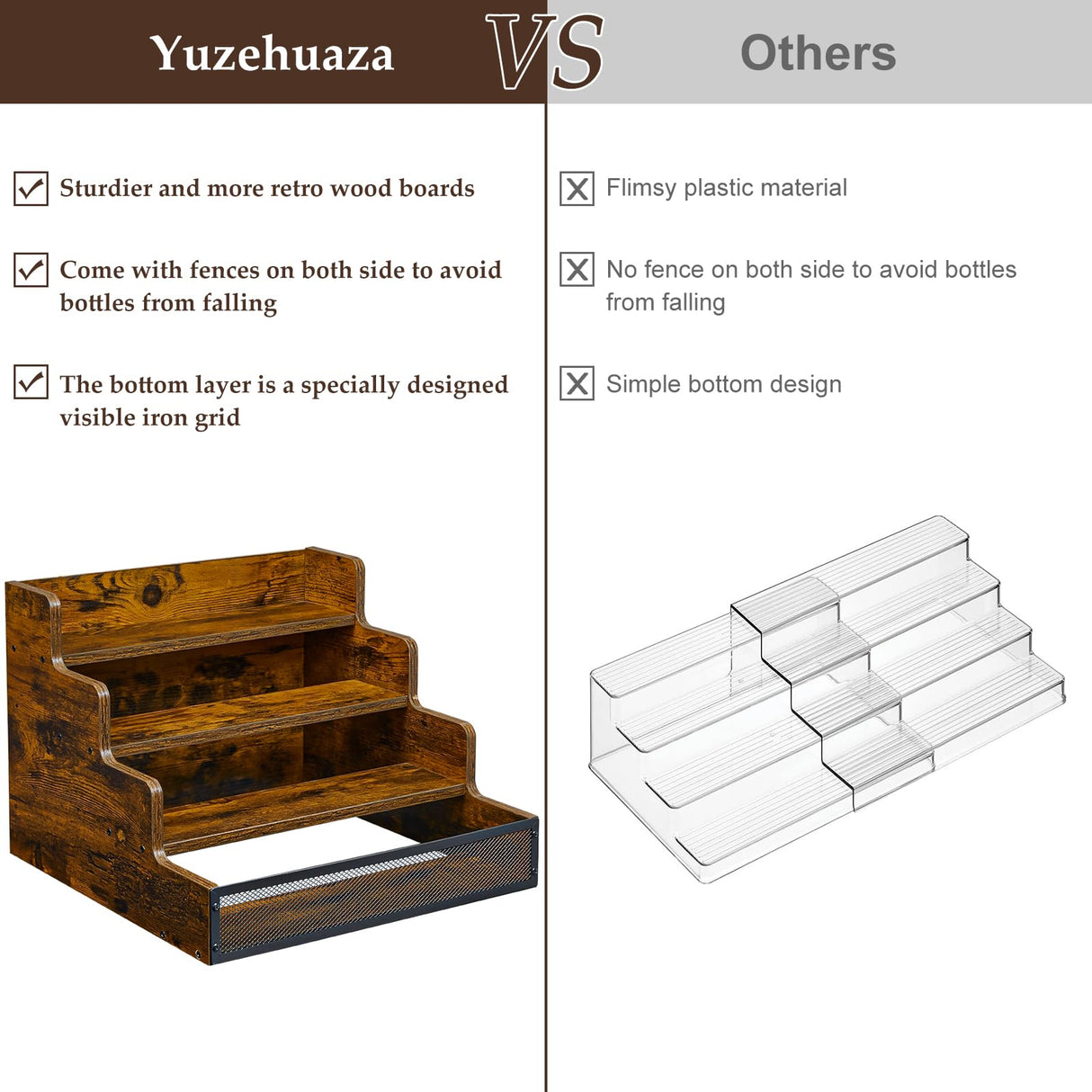 Yuzehuaza 4 Step Countertop Liquor Bottle Display Shelf, Wood Bar Shelves 16 Bottles with Fences, Freestanding Storage Shelves for Liquor Whiskey Wine Coffee Syrup Display, Retro Wine Rack Home Yuzehuaza