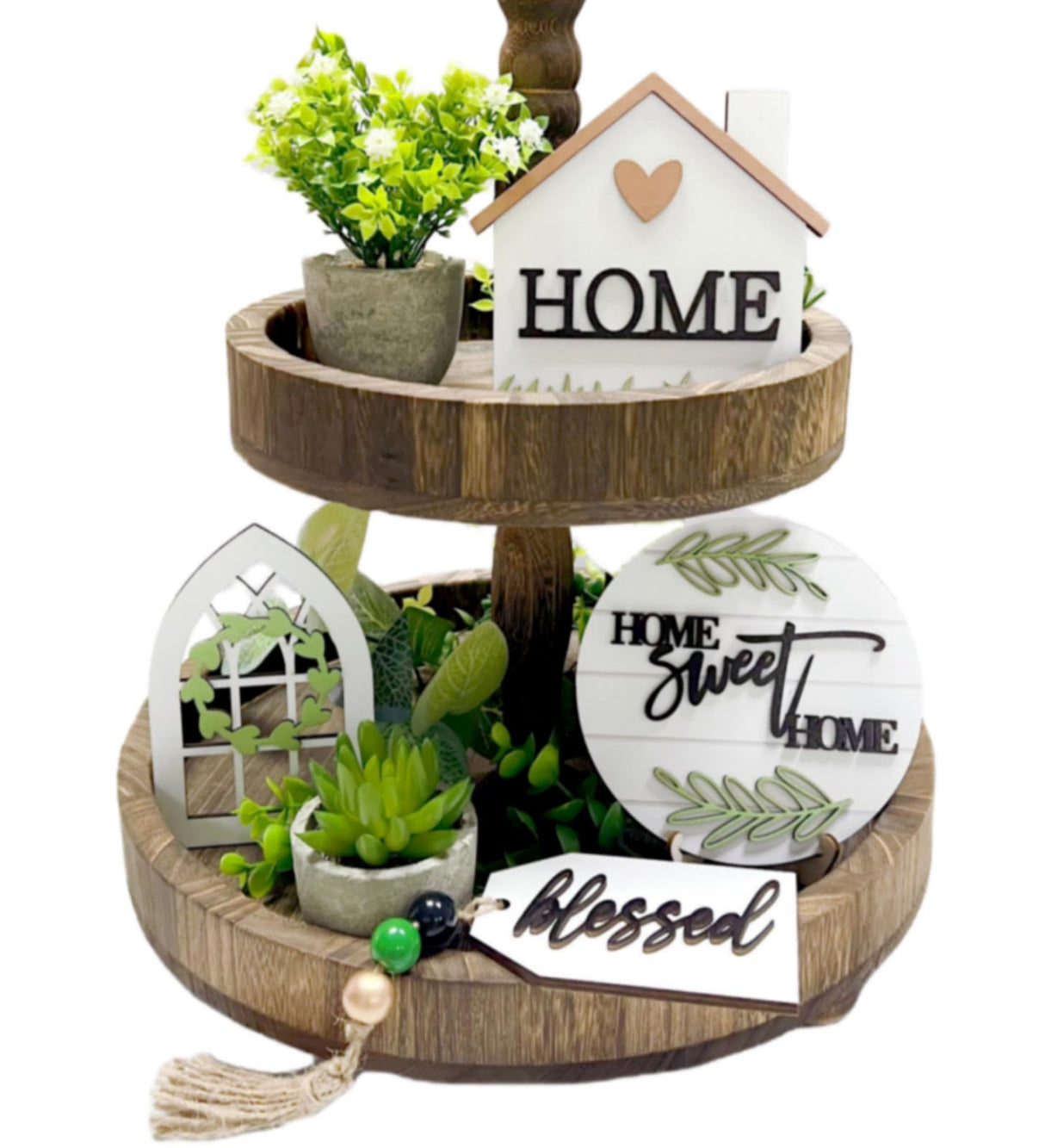6 Pieces Farmhouse Tiered Tray Decor Beautiful Sweet Home Wood Sign Artificial Plant Rustic Tray Decorations Centerpiece Set for Home & Kitchen Decor(Tiered Tray NOT Included) Jxueych