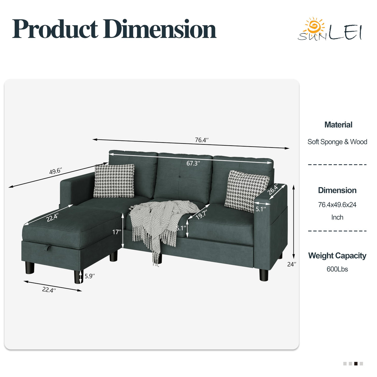 SUNLEI Convertible Sectional Couches for Living Room, L Shaped Couch with Movable Ottoman Storage, 3 Seat Small Couches for Living Room in Apartment, Linen Fabric, Dark Grey SUNLEI