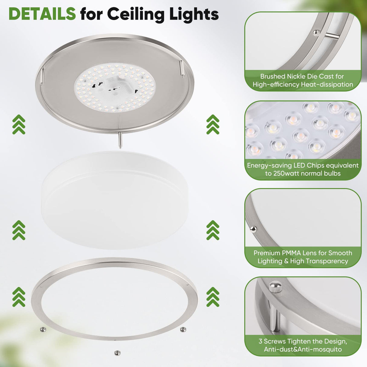 36W LED Ceiling Lights for Bedroom Kitchen, 3600lm Super Bright, Dimmable Flush Mount Light Fixtures 6500K/5000K/4000K/3000K/2700K Adjusted Modern Lamps 2PACK, 13 Inch, Nickle TOBUSA