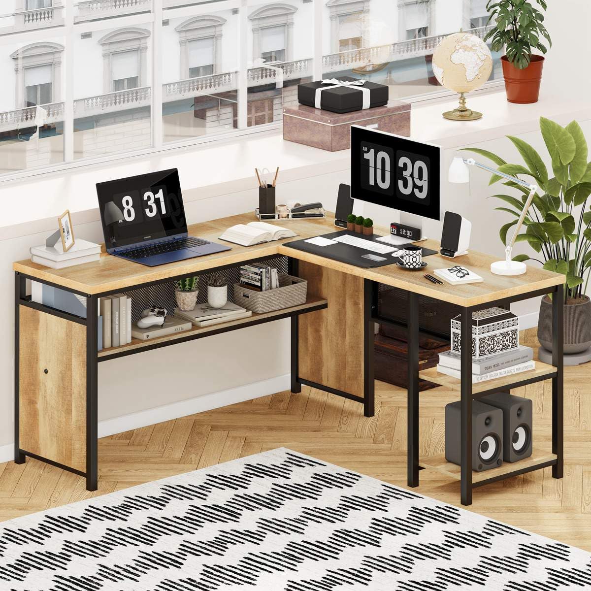 FATORRI L Shaped Computer Desk, Industrial Office Desk with Shelves, Reversible Wood and Metal Corner Desk for Home Office (Rustic Oak, 59 Inch) FATORRI