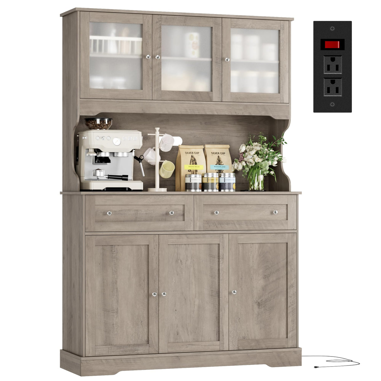 FACBOTALL 71.9" Kitchen Pantry Cabinet, Tall Storage Cabinet, Kitchen Cabinets with Countertop and Outlets, Farmhouse Kitchen Pantry Storage Cabinet with Doors and Shelves for Kitchen, Wash Gray FACBOTALL
