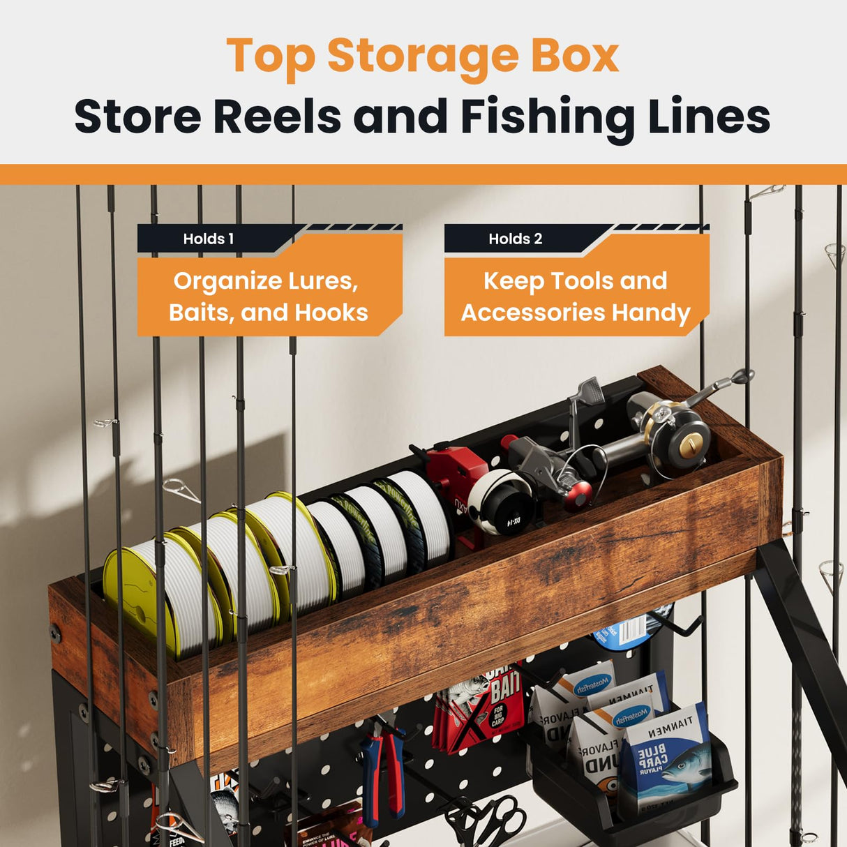 KITIVIALA Fishing Rod Holder for Garage with Hooks & Pegboard, 3-Tier Fishing Pole Rack Holds 12 Rods, Rolling Fishing Rod Storage Organizer with Wooden Tool Box, Fishing Tackle Shelf for Anglers KITIVIALA