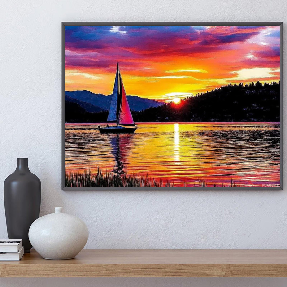 PUAGEMTI Sailboat on The Lake Sunset Diamond Painting Kits for Adults Beginners, 5D DIY Diamond Art Kit, Full Round Drill Diamond Gem Art for Adults, Home Wall Decor 12x16 Inch PUAGEMTI